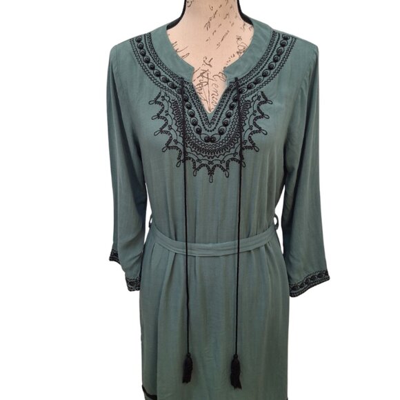 Women's Tunic Dress Green & Black Embroidered Tassel XL - Boho Witchy Peasant - Picture 5 of 8